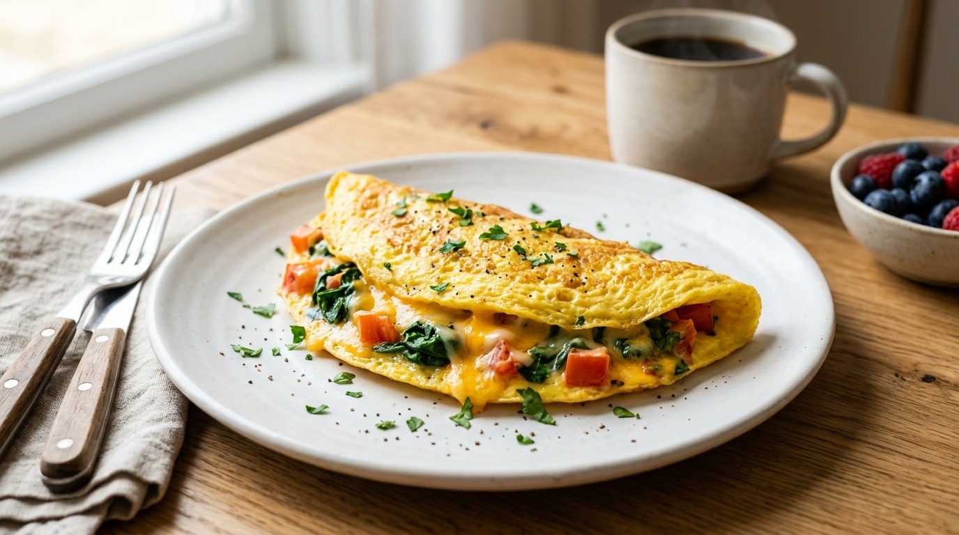 Omelete amarela e bem dourada, com textura visualmente aerada e fofinha, dobrada perfeitamente ao meio sobre um prato branco liso em uma mesa de café.