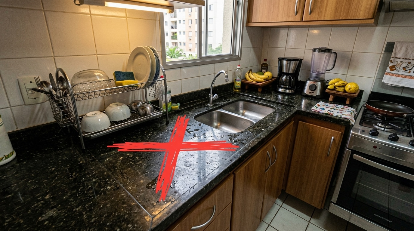 Cozinha tradicional com armários de madeira e bancada de granito escuro molhada pela água da pia. Um grande "X" vermelho está desenhado graficamente sobre a área molhada da pedra, sinalizando um alerta de erro.