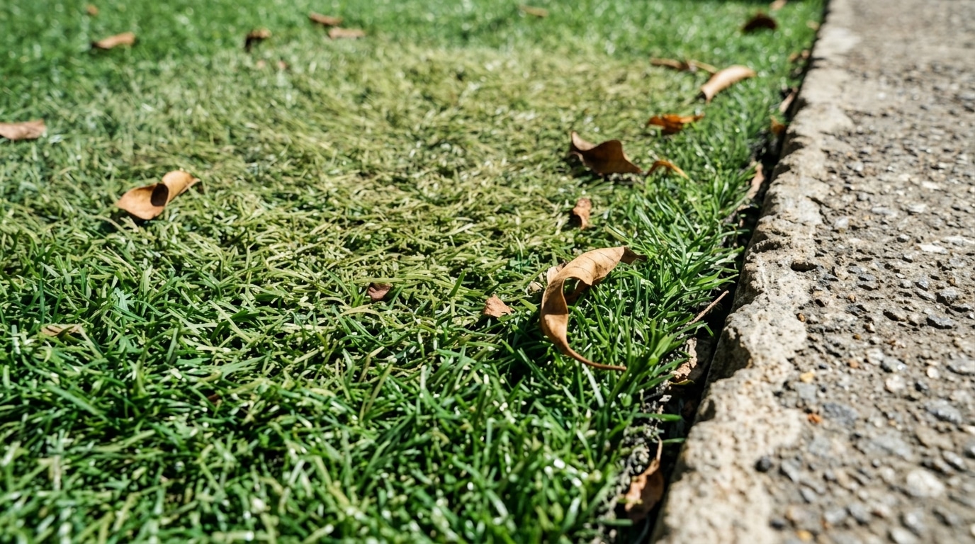 Close de folhas secas caídas sobre uma grama artificial verde que faz divisa com o meio-fio rústico de uma calçada de concreto.