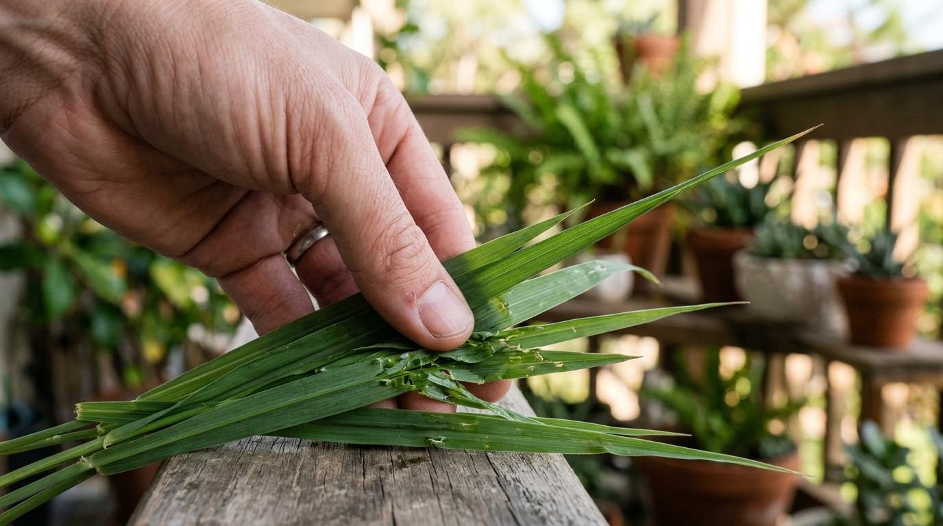 Mão esmagando levemente um feixe de folhas verdes e compridas de capim citronela sobre uma base de madeira rústica, com outras plantas ao fundo.
