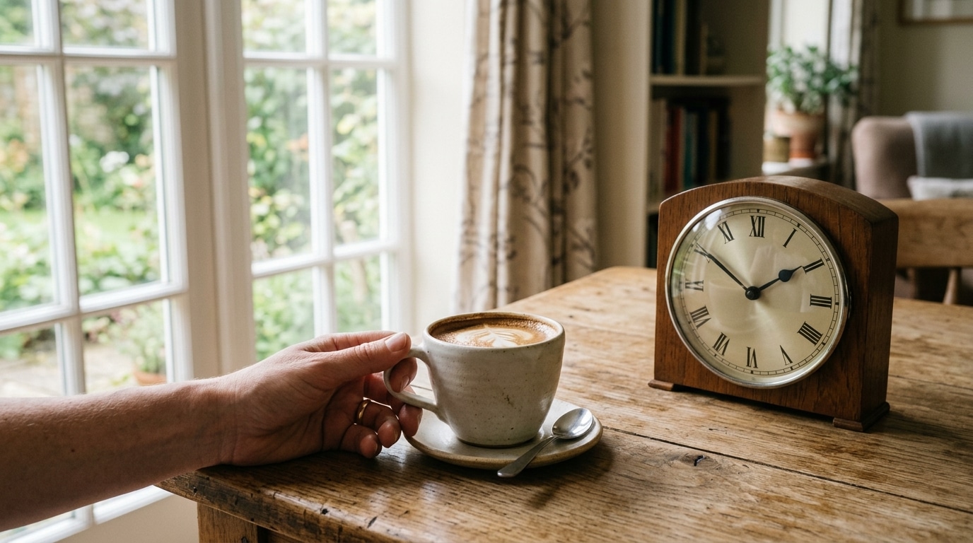 Uma mão feminina com um anel segura uma xícara de café com latte art sobre uma mesa de madeira rústica. Ao lado, um relógio de mesa vintage de madeira com algarismos romanos. Ao fundo, uma janela com vista para um jardim verde e cortinas florais de linho.
