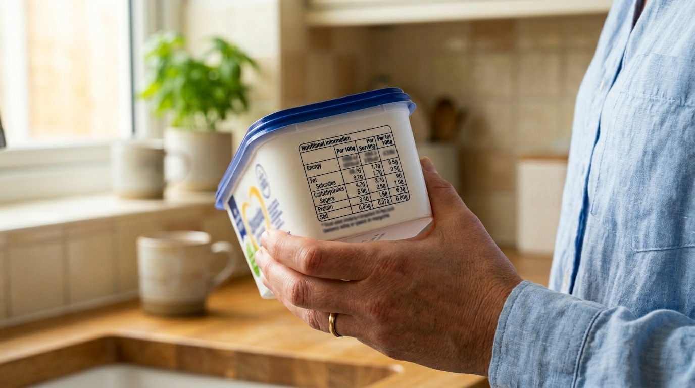Mãos de uma pessoa vestindo camisa azul seguram um pote de margarina branco com tampa azul, direcionando a tabela de informação nutricional para a câmera. O fundo desfocado mostra uma cozinha iluminada com bancada de madeira, caneca e uma planta verde perto da janela.