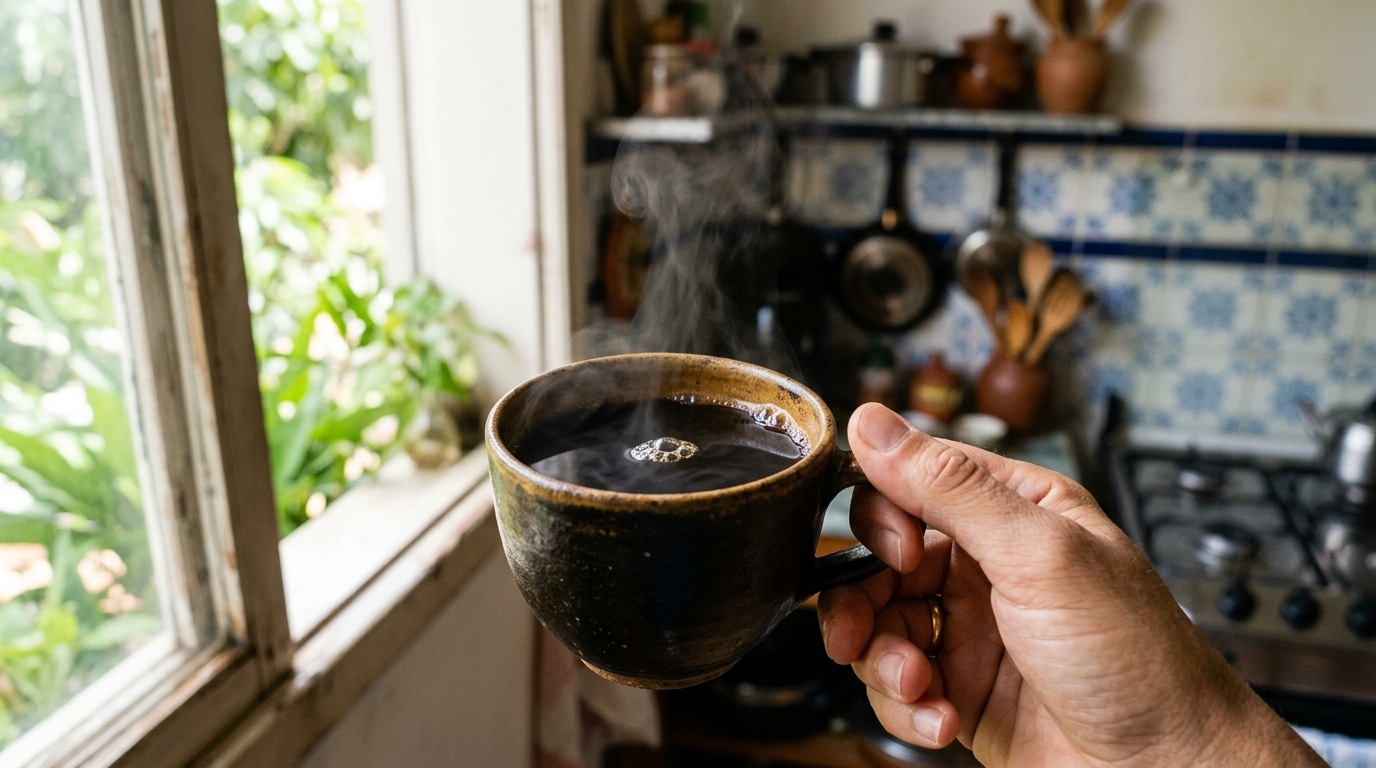Mão segurando uma caneca de cerâmica artesanal com café escuro e bastante fumaça, com a janela e a bancada de uma cozinha rústica desfocadas ao fundo.
