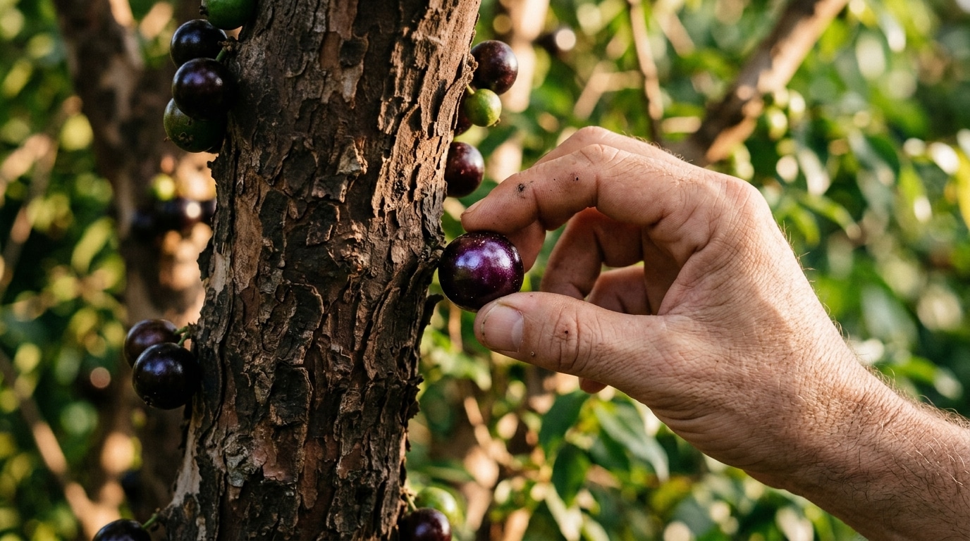 Close-up da mão de uma pessoa colhendo uma jabuticaba preta e brilhante presa ao tronco texturizado e lenhoso da árvore.