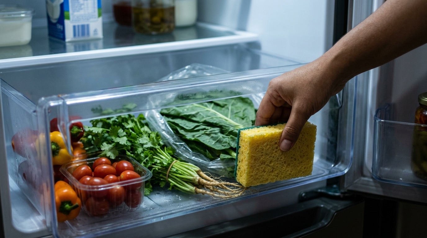 Fotografia de uma mão posicionando uma esponja de cozinha nova, do lado amarelo e verde, dentro da gaveta de acrílico transparente de uma geladeira. A gaveta está cheia de vegetais frescos, incluindo tomatinhos cereja, pimentões e maços de folhas verdes.