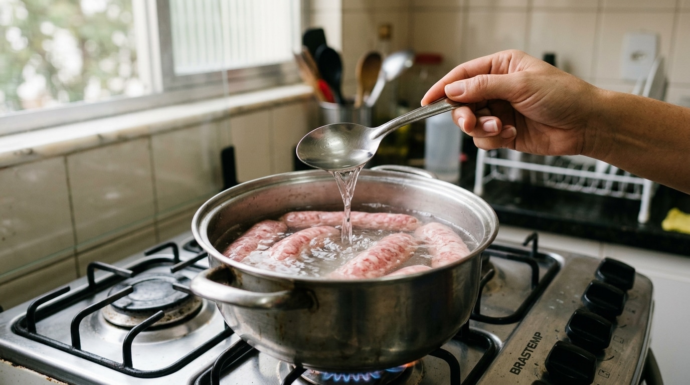 Mão segurando uma colher de metal e despejando líquido transparente em uma panela com água quente e linguiças cruas sobre um fogão a gás.