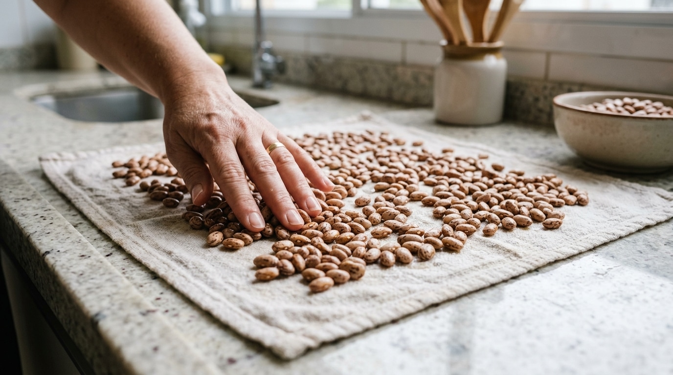 Mão espalhando e selecionando grãos crus de feijão carioca que estão sobre um pano de prato claro, estendido em uma bancada de granito na cozinha.
