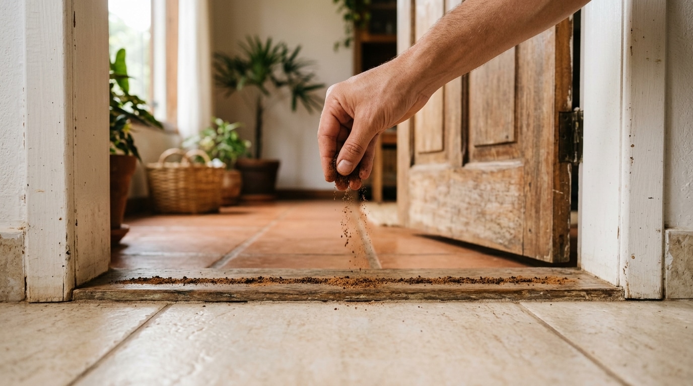 Mão em primeiro plano polvilhando uma mistura de especiarias em pó de tons terrosos ao longo da soleira de madeira envelhecida de uma porta entreaberta. O chão da entrada é de cerâmica clara, enquanto o fundo mostra o interior iluminado com piso de lajota, cestos de palha e vasos com plantas verdes.