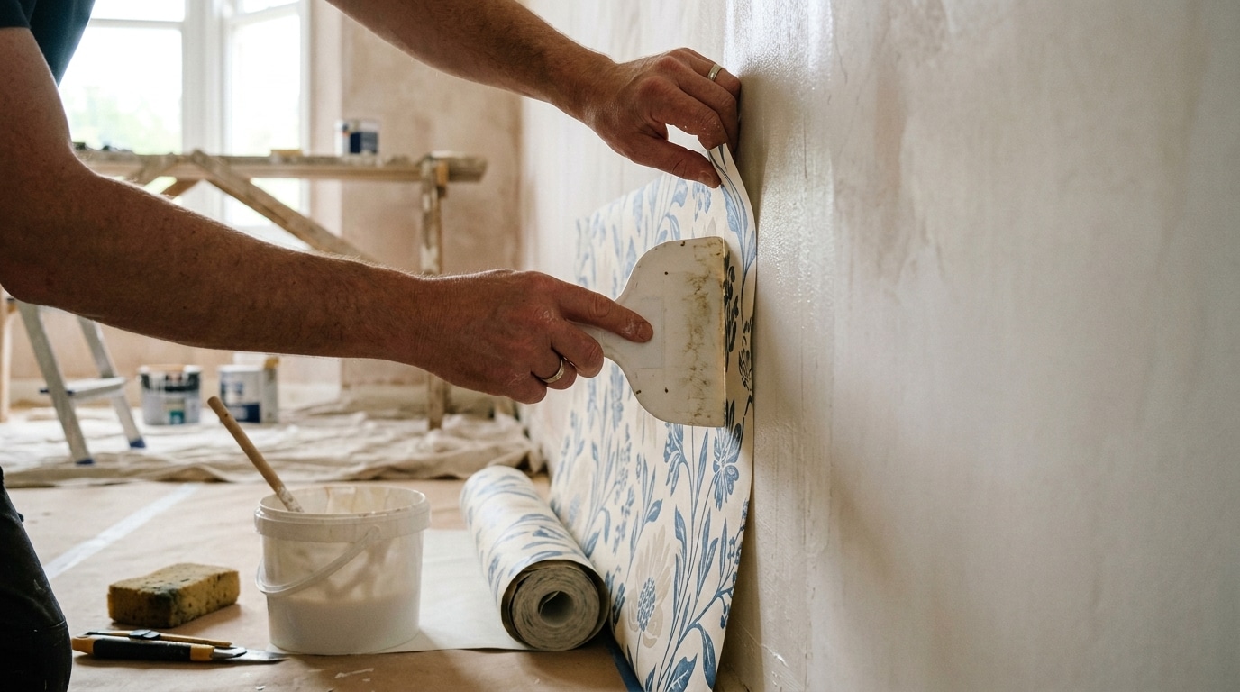 Mãos masculinas alisando um papel de parede com estampa floral azul e bege em uma parede lisa usando uma espátula branca. No chão forrado com papel pardo protetor, há um balde branco com pincel, esponja, estilete e um rolo extra do revestimento. Fundo com janela clara e bancada de trabalho desfocada.