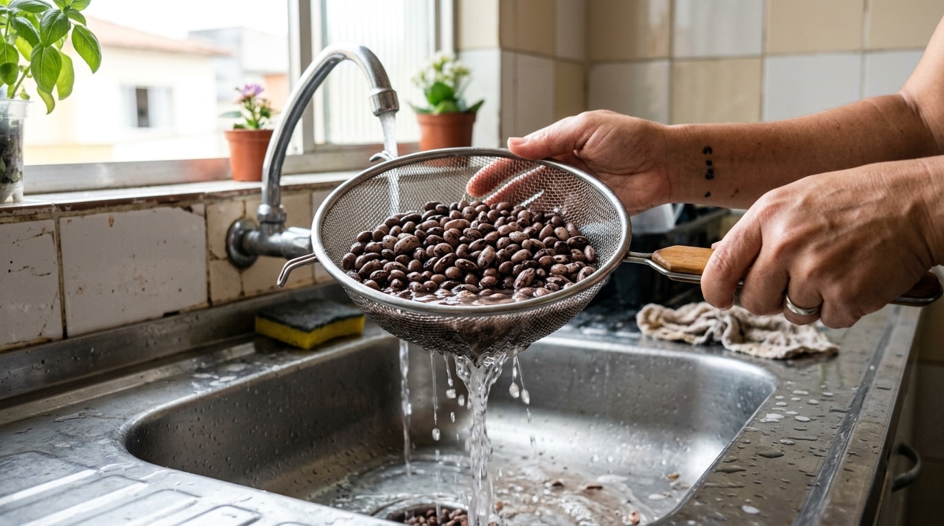 Duas mãos seguram uma peneira de metal cheia de grãos de feijão carioca molhados sob a água corrente de uma torneira de cozinha. A água escorre pelos vãos da peneira direto para uma pia de aço inoxidável. Janela com plantas ao fundo.