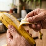 Mãos masculinas descascando uma banana madura de casca amarela com pequenas manchas escuras, com um cenário de cozinha e luz natural suave desfocados ao fundo.
