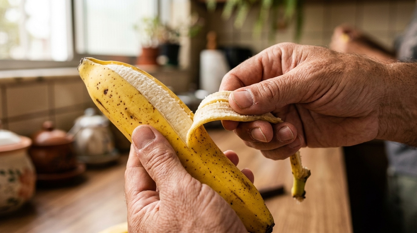 Mãos masculinas descascando uma banana madura de casca amarela com pequenas manchas escuras, com um cenário de cozinha e luz natural suave desfocados ao fundo.