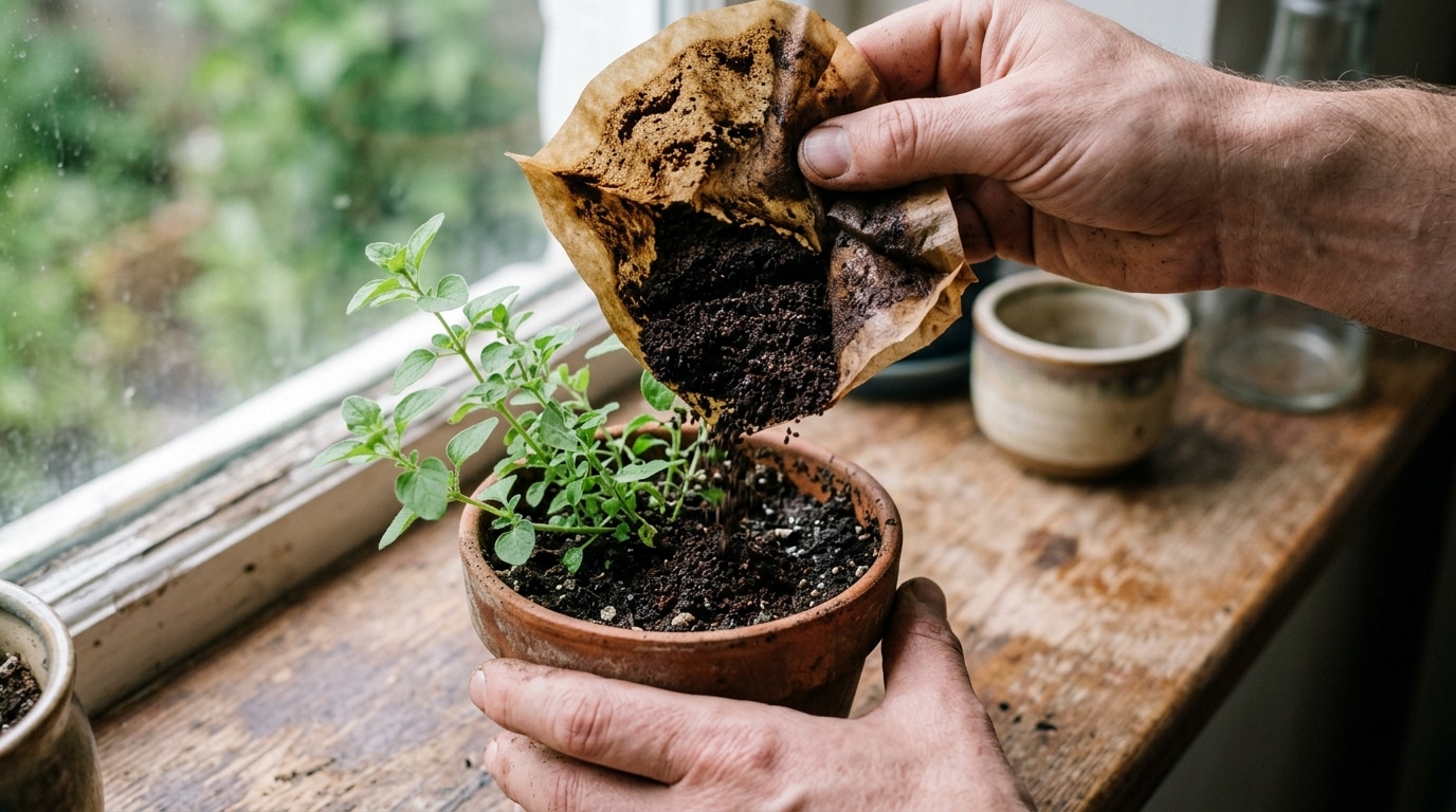Mãos masculinas segurando um filtro de papel de café usado e despejando a borra de café úmida e escura diretamente sobre a terra preta de um pequeno vaso de cerâmica contendo uma planta verde, em frente a uma janela rústica.