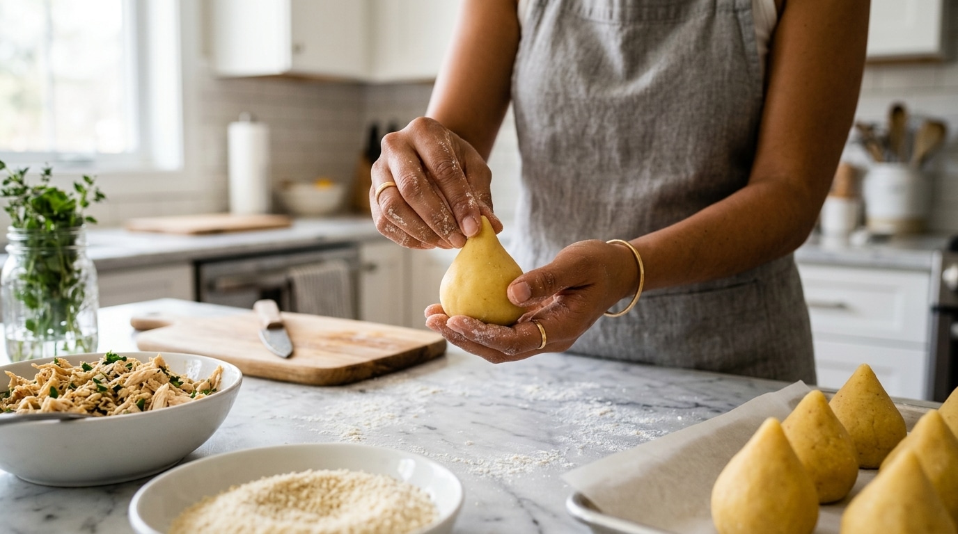 Imagem em close de mãos polvilhadas com farinha modelando a massa amarela de uma coxinha no clássico formato de gota. Sobre a bancada de mármore claro, veem-se uma tigela com frango desfiado temperado, um prato com farinha de rosca para empanar e uma assadeira com coxinhas já prontas.