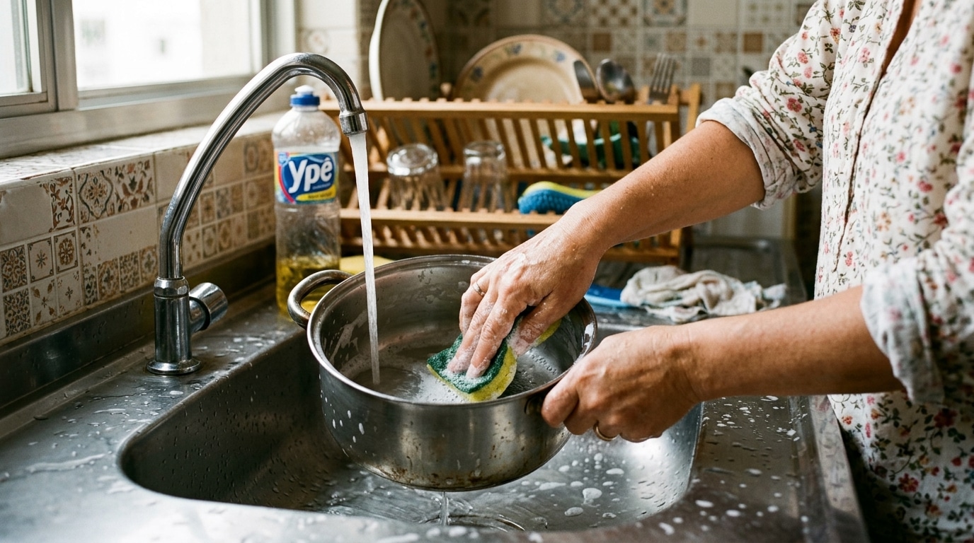 Mãos femininas esfregando o fundo de uma panela de alumínio com uma esponja verde e amarela ensaboada, sob a água corrente da torneira de uma pia de cozinha.