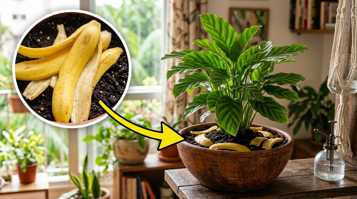 Planta de interior com folhas verdes listradas em um vaso de barro rústico sobre uma mesa. Sobre a terra do vaso, há pedaços grandes de casca de banana in natura. Um círculo de destaque e uma seta amarela apontam para o detalhe das cascas frescas em contato direto com o solo.