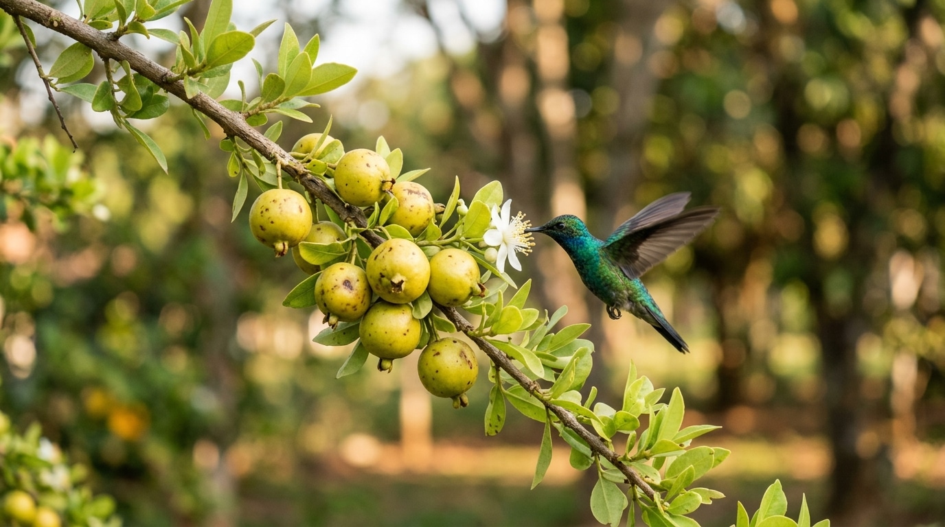 Beija-flor com plumagem verde e azul voando enquanto se alimenta do néctar de uma pequena flor branca, presa a um galho carregado de frutos redondos verdes e amarelos.