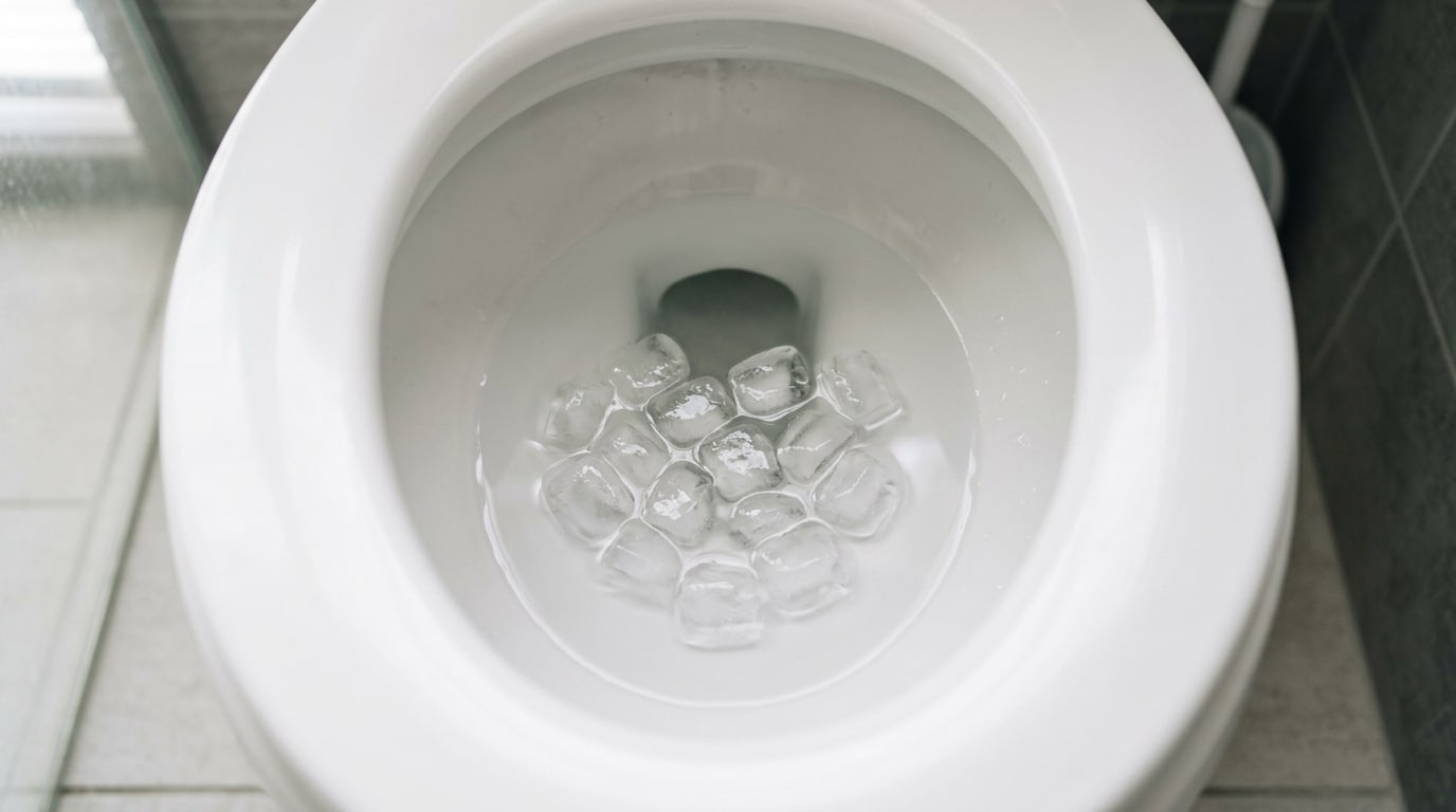 Visão superior (de cima para baixo) do interior de um vaso sanitário de louça branca, mostrando vários cubos de gelo agrupados e repousando na água limpa do fundo.