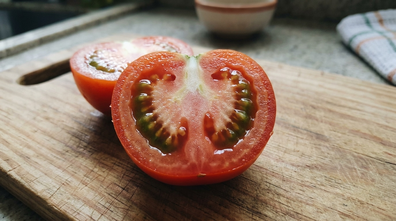 Close-up de um tomate vermelho e brilhante cortado perfeitamente ao meio sobre uma tábua de madeira rústica, revelando a textura da polpa fresca e das sementes úmidas em seu interior.