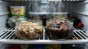 Dois potes de vidro abertos contendo sobras de arroz, feijão e carne ainda quentes, exalando bastante vapor, colocados diretamente na prateleira de uma geladeira cheia de outros alimentos.