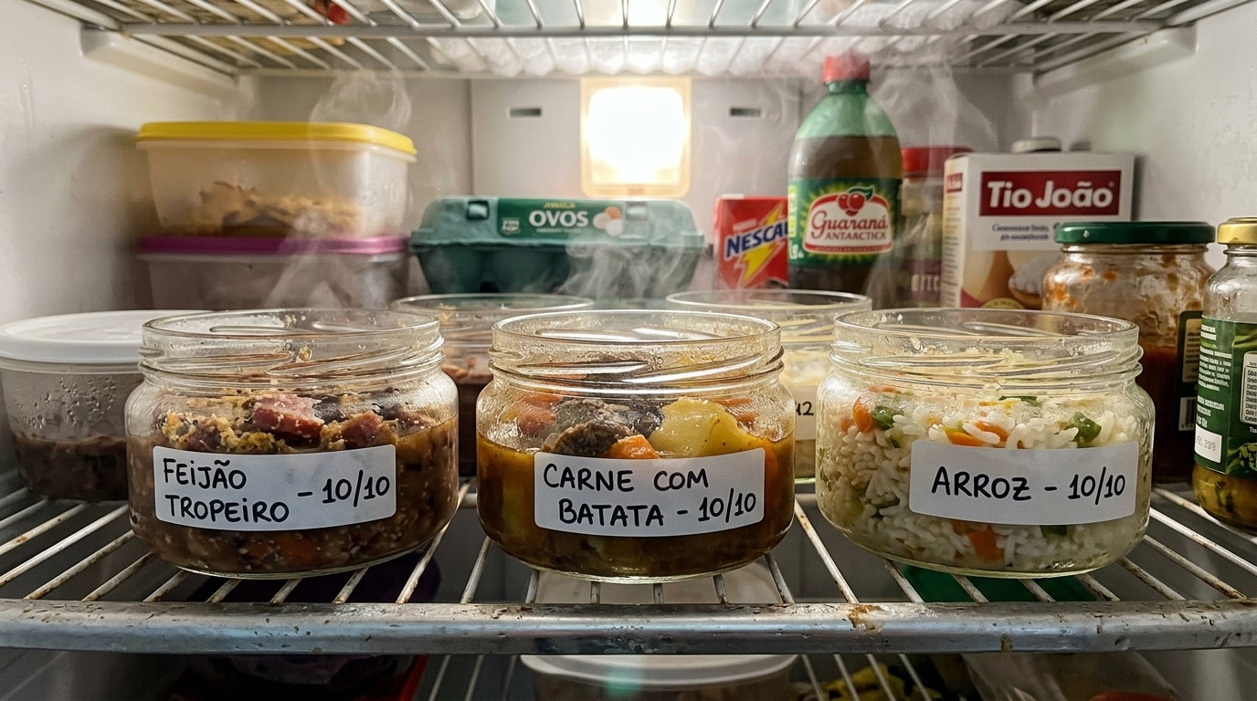 Três potes de vidro organizados na grade da geladeira, etiquetados à mão com "Feijão Tropeiro - 10/10", "Carne com Batata - 10/10" e "Arroz - 10/10". Os potes estão destampados e a comida quente exala vapor denso.