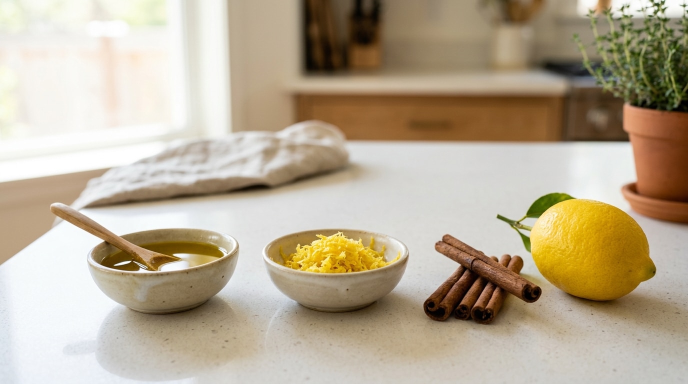 Ingredientes organizados sobre uma bancada branca para o preparo de óleo aromatizado. Da esquerda para a direita: uma tigela com óleo dourado e colher de pau, uma tigela com raspas de limão, paus de canela e um limão siciliano inteiro com folha.