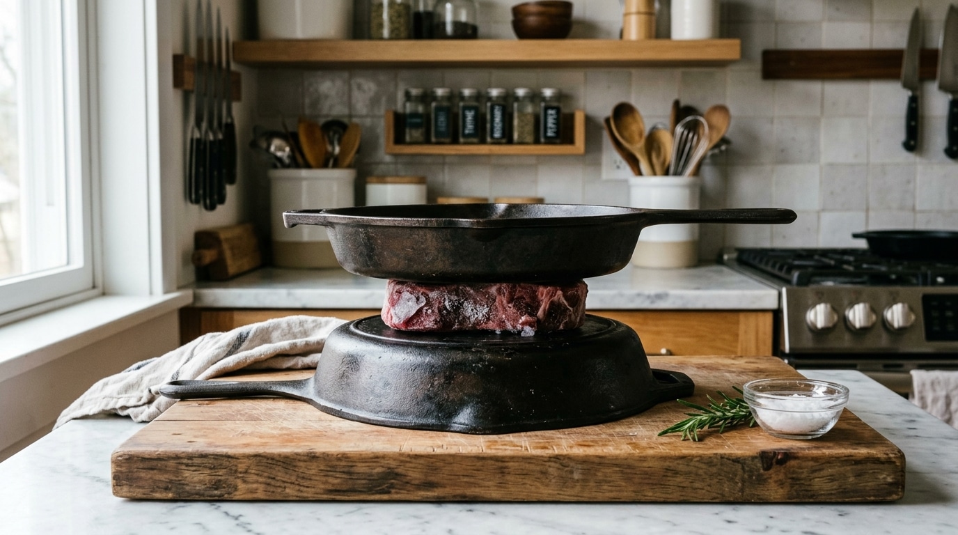 Bife grosso e congelado prensado entre duas frigideiras pesadas de ferro fundido. A frigideira inferior está virada para baixo sobre uma tábua de madeira rústica. Ao lado, um pequeno pote de vidro com sal grosso e um ramo de alecrim fresco.