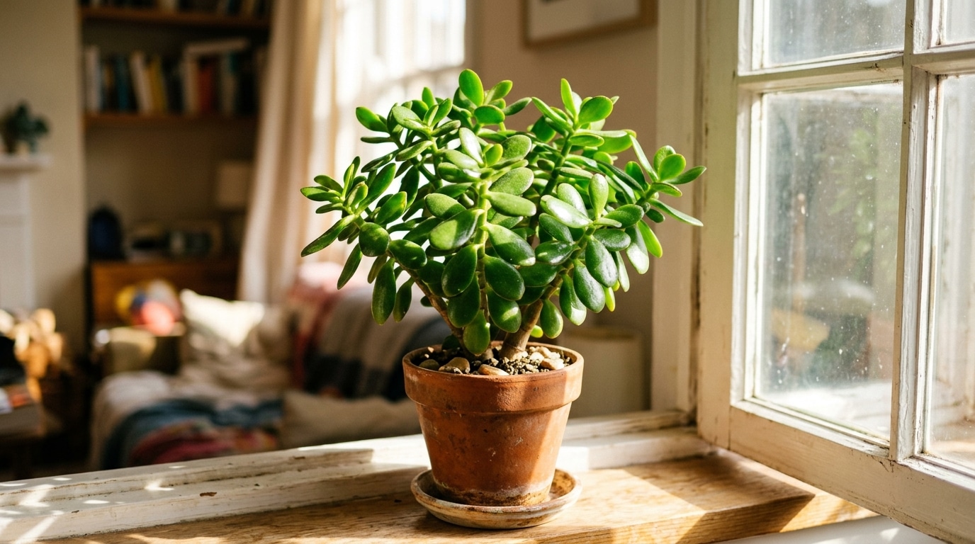 Uma planta jade verde e vibrante plantada em um pequeno vaso de terracota envelhecido, repousando sobre o parapeito de madeira de uma janela branca clássica. A luz do sol incide diretamente sobre a planta. Ao fundo, uma sala de estar aconchegante e desfocada, com sofá e estante de livros.