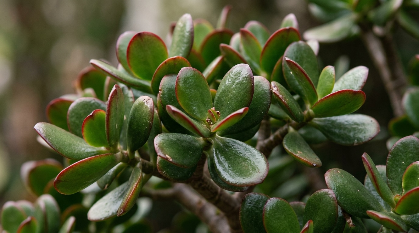 Close-up de folhas carnudas e ovais de uma planta jade. As folhas possuem um tom verde-escuro e brilhante, com bordas finas e avermelhadas, crescendo em pequenos aglomerados sobre caules rústicos. Fundo com desfoque suave em tons neutros.