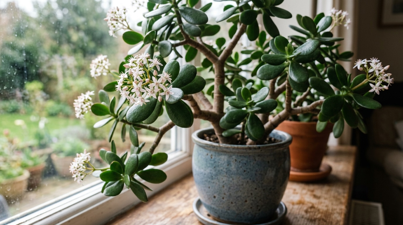 Planta jade madura com caules grossos de aspecto lenhoso e folhagens verdes abrigando pequenos cachos de delicadas flores brancas em formato de estrela. A suculenta está plantada em um vaso de cerâmica azul esmaltada sobre uma bancada de madeira perto de uma janela. Ao fundo, a vista para um jardim verde.