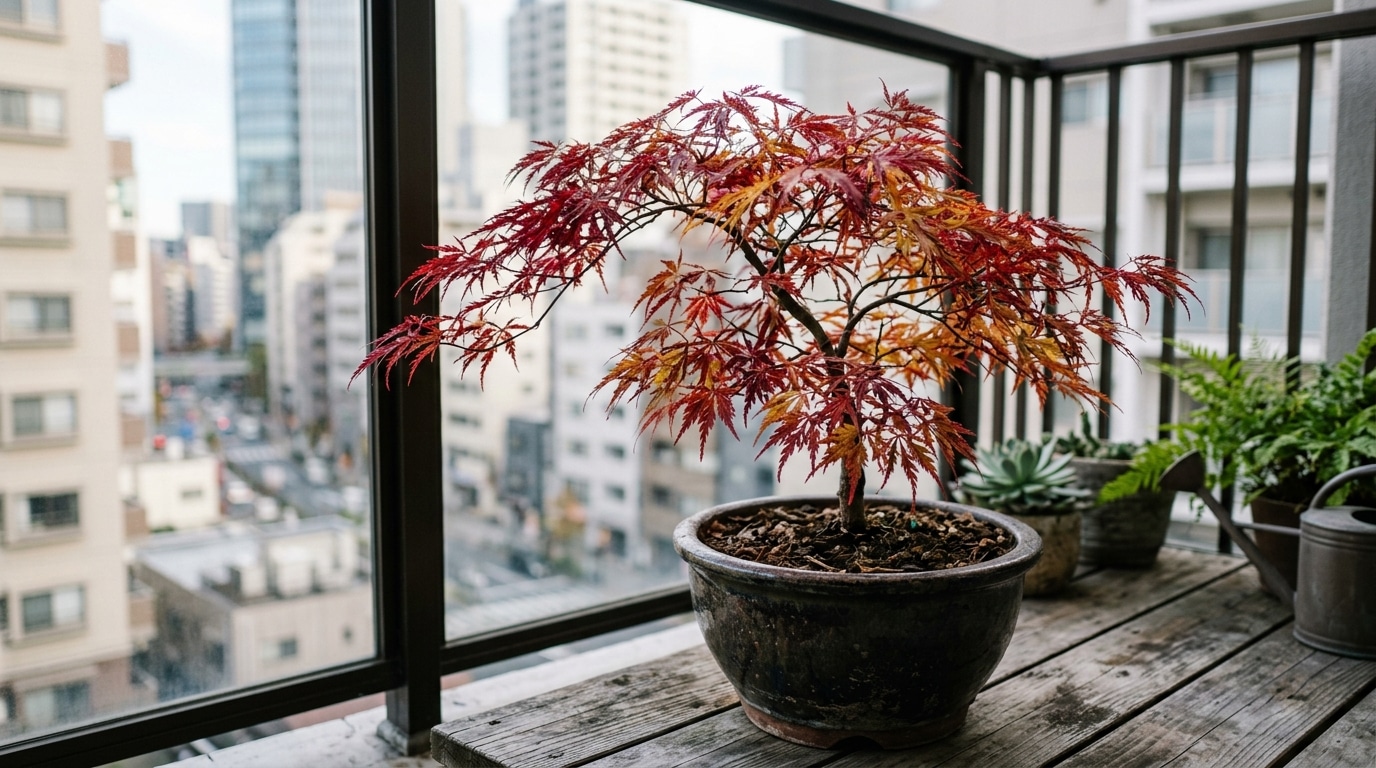 Um pequeno bordo japonês com folhagem densa em tons de vermelho e laranja, plantado em um vaso de cerâmica escura e brilhante sobre uma mesa de madeira envelhecida. Ao fundo, através de uma grade escura, vê-se a paisagem urbana desfocada com prédios altos e rua.