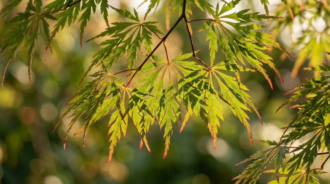 Close-up de folhas delicadas de bordo japonês com recortes profundos, exibindo um tom verde vibrante com pontas levemente avermelhadas. A luz do sol incide por trás da folhagem, destacando suas nervuras contra um fundo suavemente desfocado.