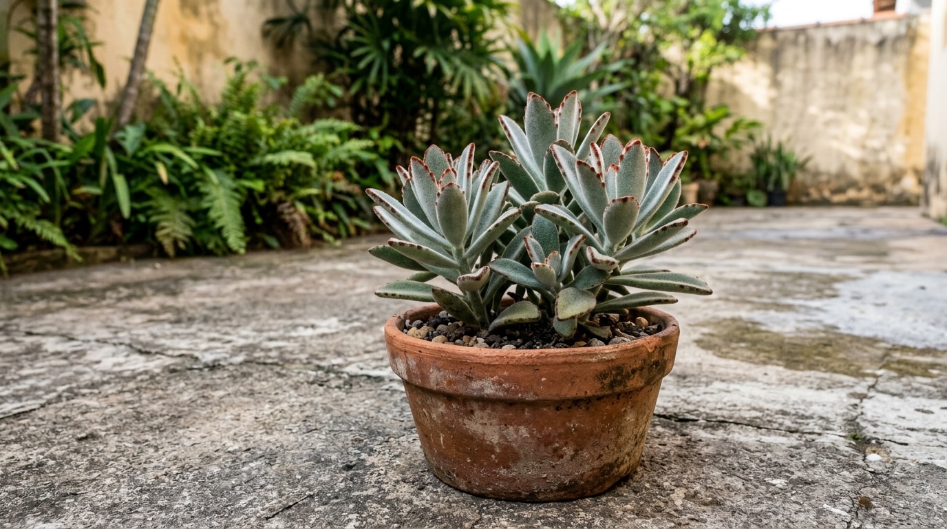 Vaso de barro rústico no chão de cimento de um quintal, contendo uma suculenta com folhas aveludadas verde-acinzentadas e pontas marrons.