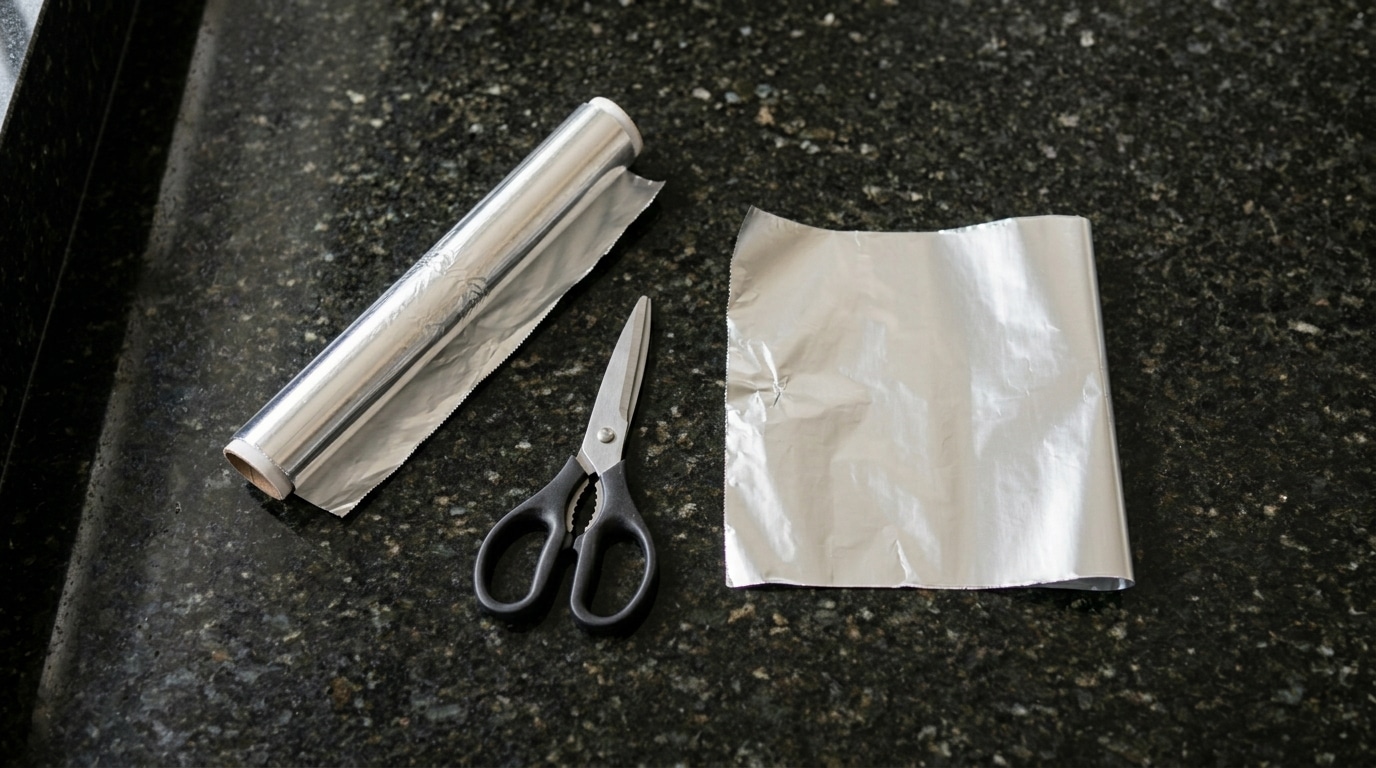 Uma foto de cima mostrando um rolo de papel alumínio, uma tesoura com cabo preto e um pedaço de papel alumínio cortado sobre uma bancada de granito escura.