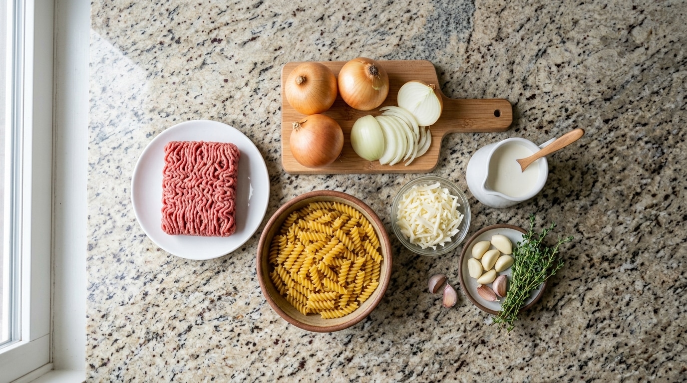Vista superior de uma bancada de granito com ingredientes organizados para cozinhar: um prato com carne moída, uma tábua com cebolas inteiras e fatiadas, uma tigela de cerâmica com macarrão cru, queijo ralado, creme de leite, dentes de alho e ramos de tomilho fresco.