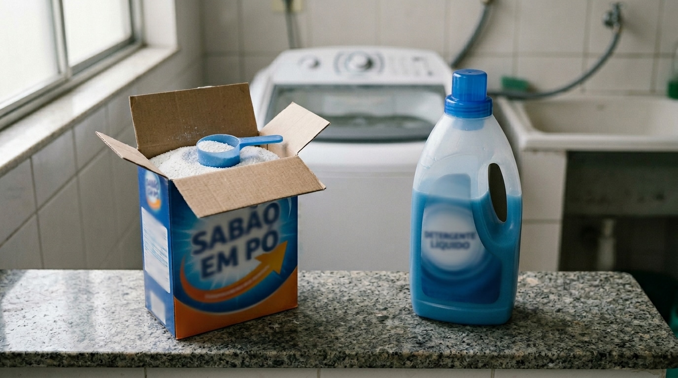 Bancada de granito em uma lavanderia doméstica exibindo uma caixa aberta de "Sabão em Pó" com um medidor azul à esquerda e uma garrafa de detergente líquido azul à direita. Ao fundo, uma máquina de lavar branca de abertura superior levemente desfocada.