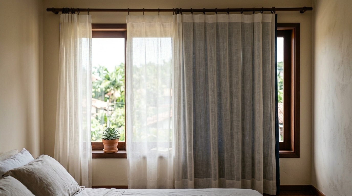 Janela de madeira em um quarto claro com duas camadas de cortina em um varão. Uma camada translúcida de tecido branco cobre a janela inteira, enquanto uma cortina mais grossa e levemente acinzentada está sobreposta, parcialmente puxada. Uma cama e um pequeno vaso com suculenta completam a cena.