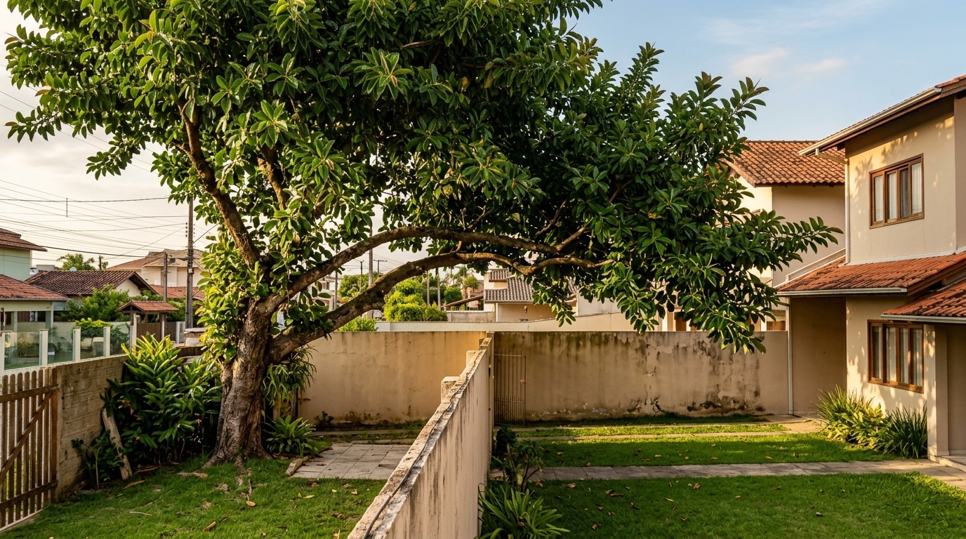 Árvore de copa grande e volumosa plantada em um quintal, com seus galhos extensos e pesados pendendo por cima de um muro e projetando sombra sobre o gramado da casa vizinha.