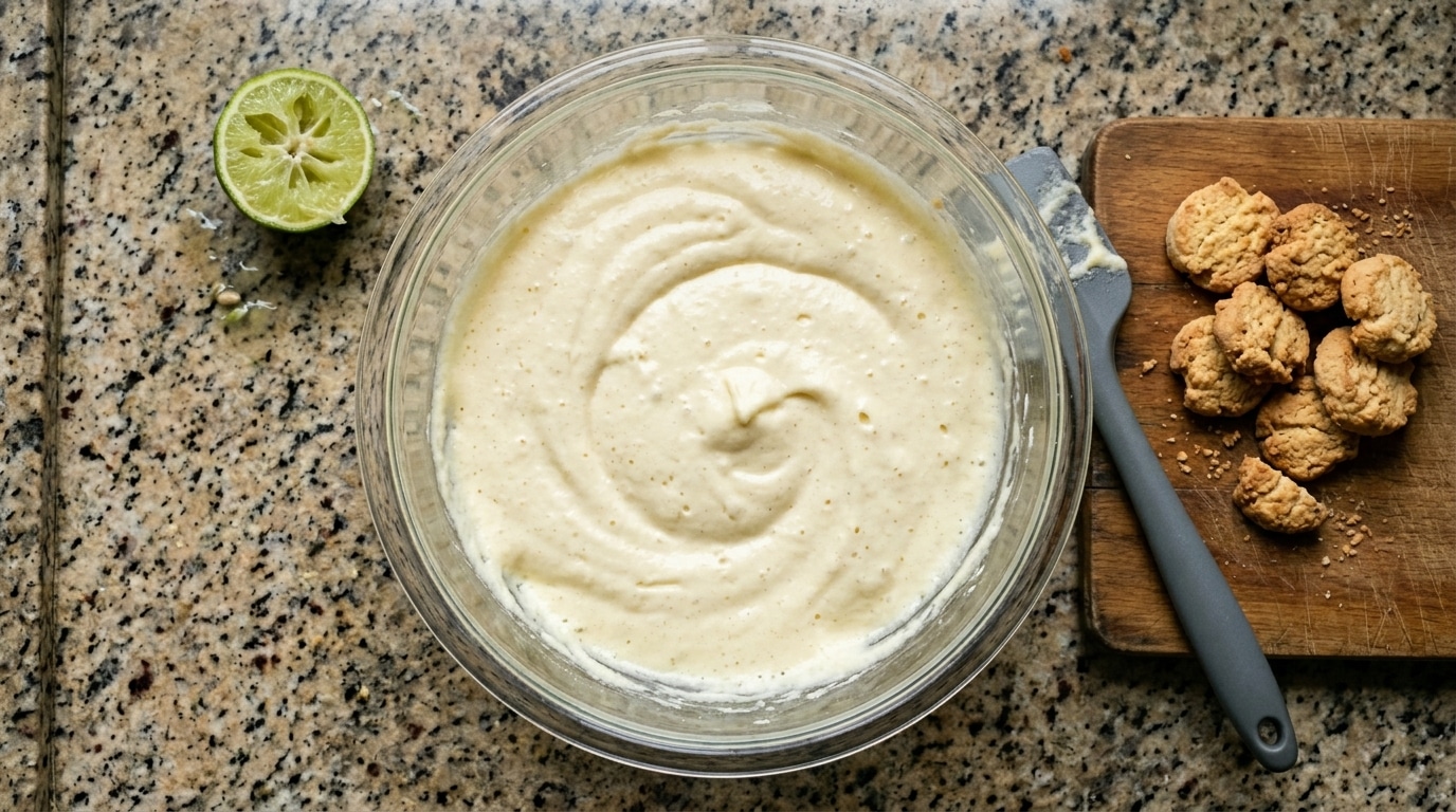 Vista superior de uma tigela de vidro contendo um creme claro recém-misturado sobre uma bancada de granito. Ao lado, uma tábua de madeira com biscoitos triturados, uma espátula cinza e meio limão verde.