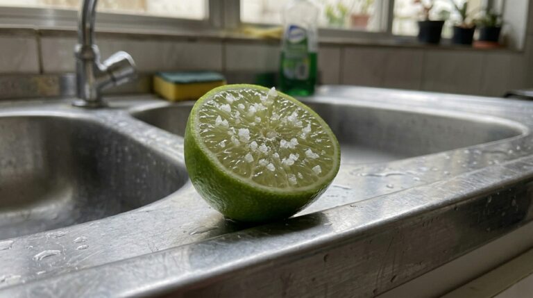 Metade de um limão taiti verde com a polpa polvilhada de cristais de sal grosso, apoiado na borda de uma pia de cozinha de aço inox levemente molhada.