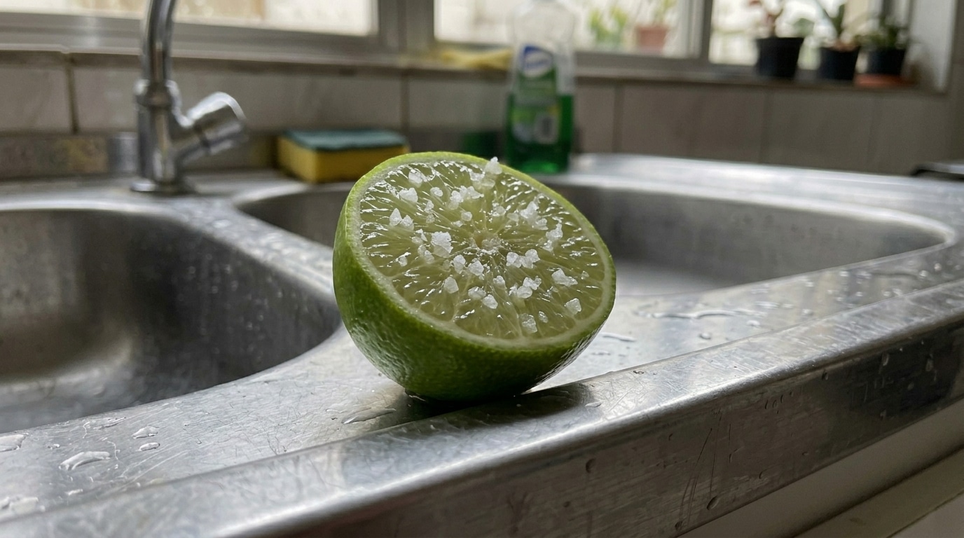 Metade de um limão taiti verde com a polpa polvilhada de cristais de sal grosso, apoiado na borda de uma pia de cozinha de aço inox levemente molhada.