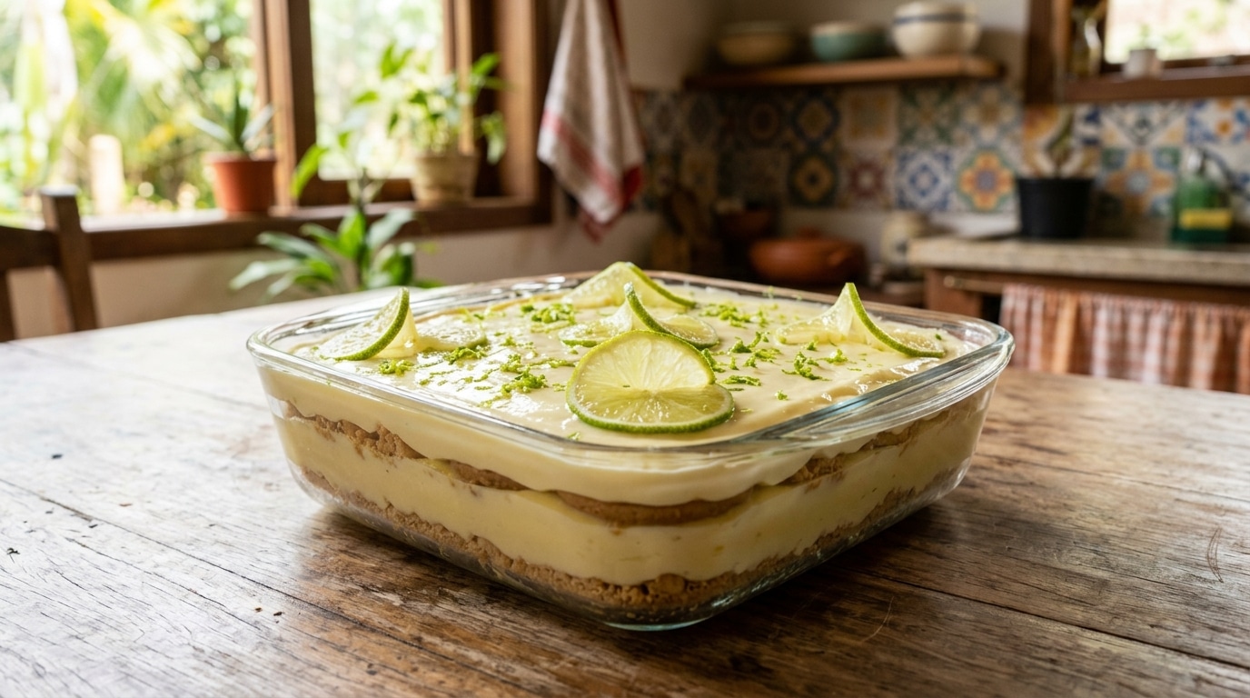 Travessa de vidro recheada com camadas visíveis de biscoito e creme, finalizada com uma cobertura lisa verde-clara e polvilhada com finas raspas de limão fresco, repousando sobre uma mesa rústica de madeira.