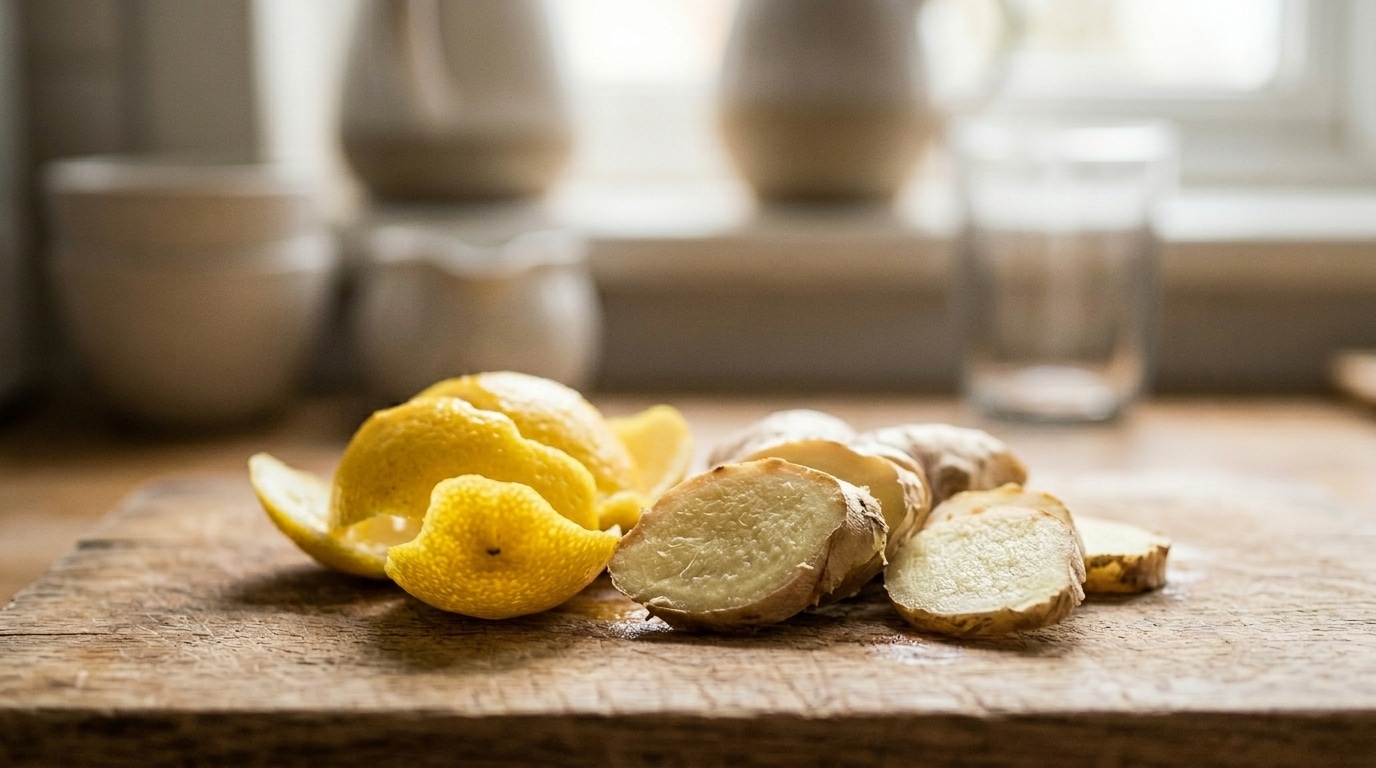 Pedaços de casca de limão amarelo e rodelas de gengibre fresco cortadas lado a lado sobre uma tábua de carne de madeira rústica.
