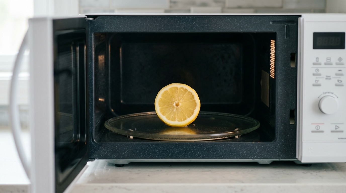 Uma metade de limão amarelo fresco e texturizado centralizada sobre o prato giratório de vidro transparente dentro de um micro-ondas. O interior escuro e profundo do eletrodoméstico contrasta com a cor viva da fruta e o painel frontal branco à direita.