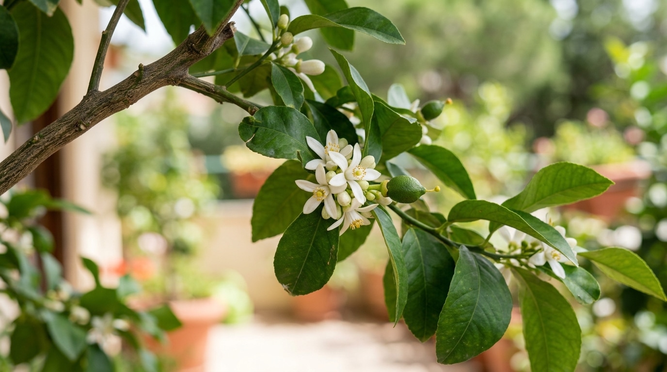 Detalhe focado de um galho de limoeiro exibindo folhas verdes texturizadas, um cacho de delicadas flores brancas abertas com miolo amarelado e pequenos limões verdes na fase inicial de crescimento.