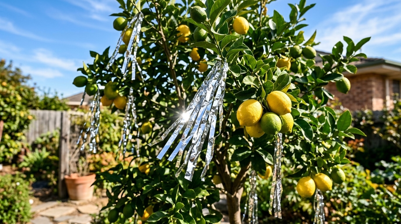 Limoeiro repleto de limões amarelos maduros e folhas verdes, com longas tiras de papel-alumínio penduradas em seus galhos. O sol incide diretamente sobre o metal, criando um reflexo brilhante. Ao fundo, céu azul e o telhado de uma casa suburbana.