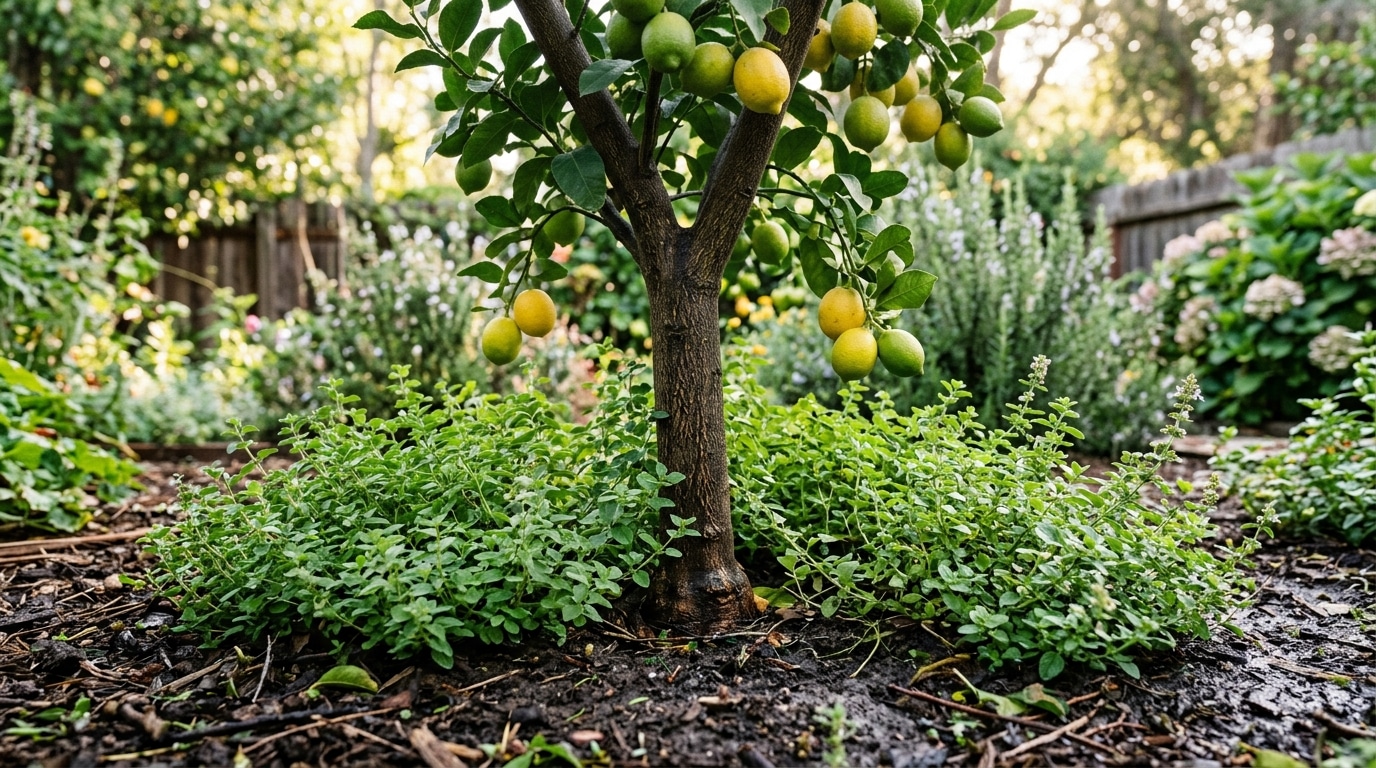 Limoeiro jovem centralizado, com galhos carregados de limões verdes e amarelos. A base da árvore está cercada por um denso tapete verde de orégano plantado diretamente na terra úmida. O fundo exibe uma cerca de madeira e folhagens abundantes.