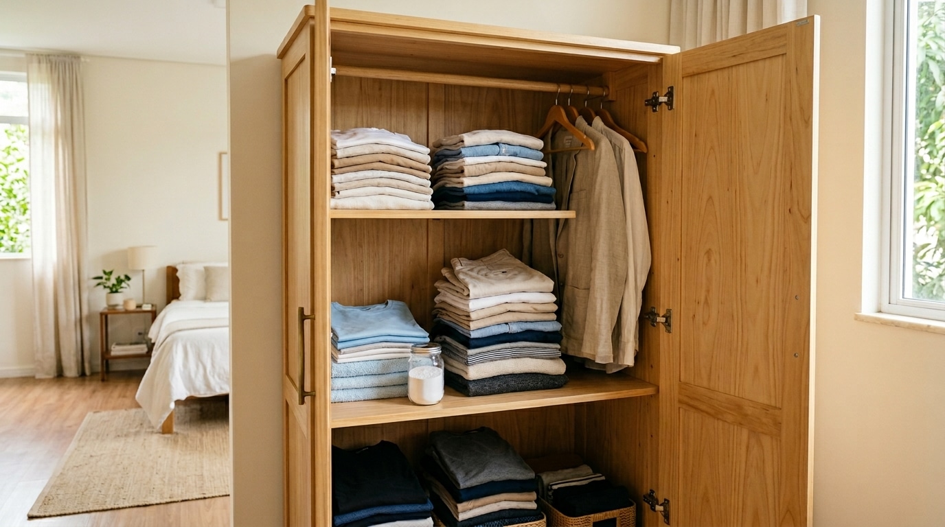 Interior iluminado de um guarda-roupa de madeira clara aberto, revelando pilhas de camisas simetricamente dobradas, roupas em cabides e um pote de vidro com pó branco centralizado em uma das prateleiras.