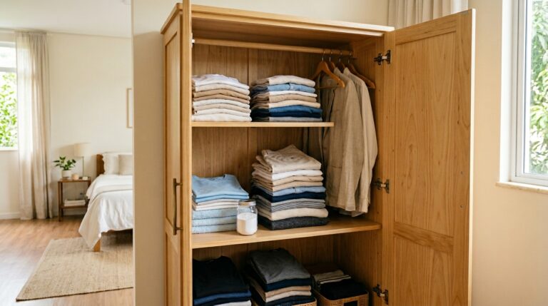 Interior iluminado de um guarda-roupa de madeira clara aberto, revelando pilhas de camisas simetricamente dobradas, roupas em cabides e um pote de vidro com pó branco centralizado em uma das prateleiras.
