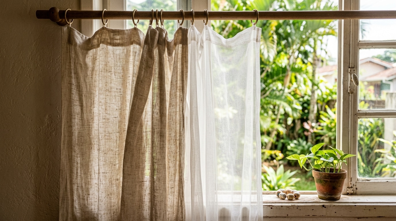 Detalhe de Cortinas de Linho e Voal no Varão de Madeira